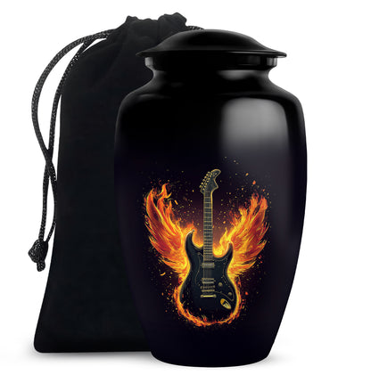 Glossy Black Guitar Cremation Urn angled view of lid and engraved motif - timeless guitar motif etched into premium metal - full-size 10 inch 200 cubic inch adult cremation urn