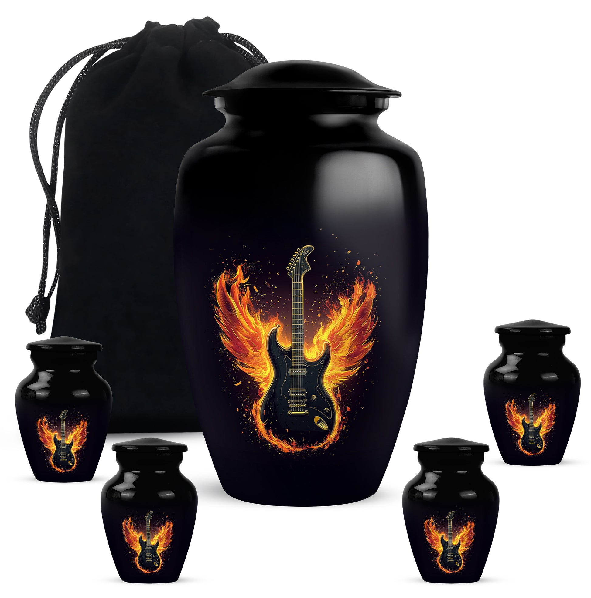Ebony Guitar Cremation Urn top-down view of secure threaded lid - classic sculpted guitar pattern on smooth aluminum - memorial set with one large and four small urns