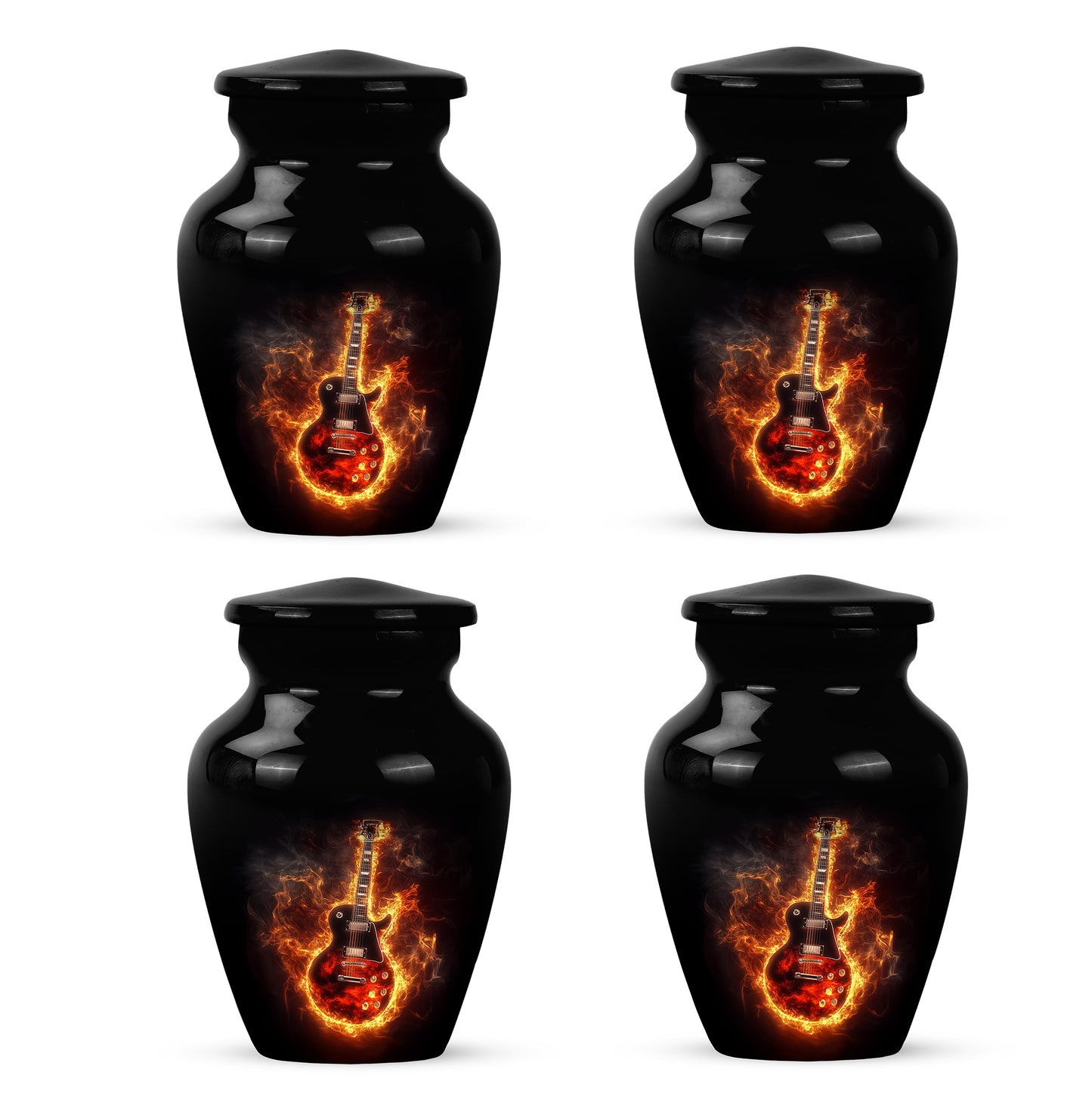 Glossy Black Guitar Cremation Urn side profile showing urn shape - classic sculpted guitar pattern on smooth aluminum - 10 inch aluminum urn for cremated remains