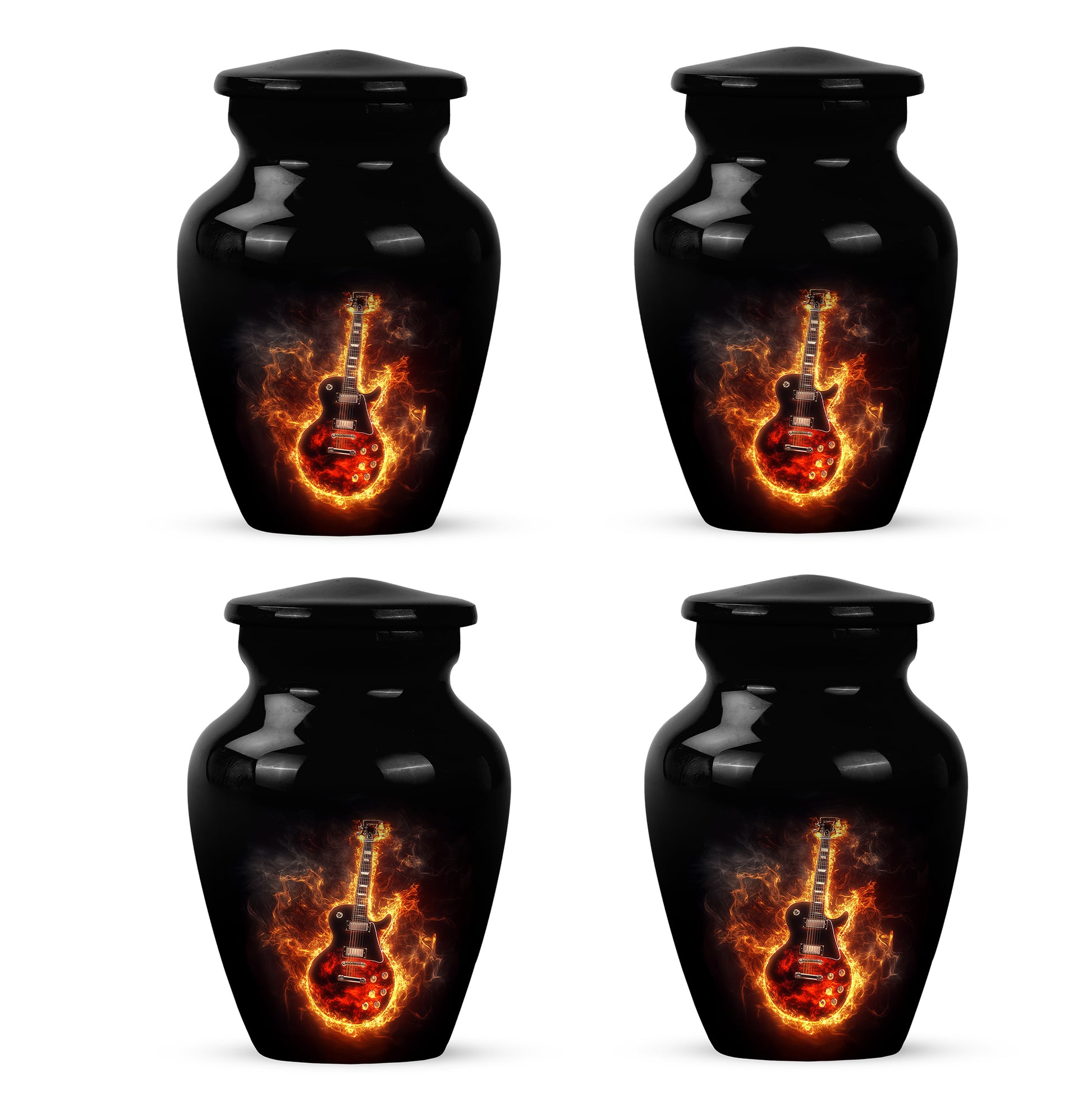 Glossy Black Guitar Cremation Urn side profile showing urn shape - classic sculpted guitar pattern on smooth aluminum - 10 inch aluminum urn for cremated remains