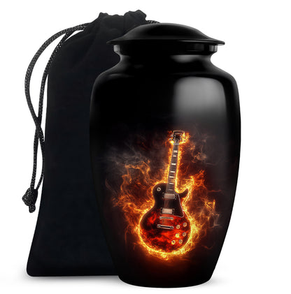Ebony Guitar Cremation Urn angled view of lid and engraved motif - timeless guitar motif etched into premium metal - full-size 10 inch 200 cubic inch adult cremation urn