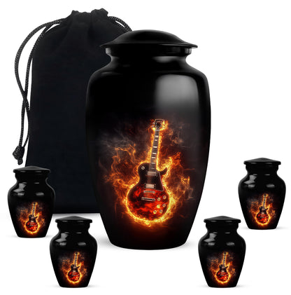 Midnight Black Guitar Cremation Urn top-down view of secure threaded lid - traditional guitar engraving with hand-polished finish - memorial set with one large and four small urns
