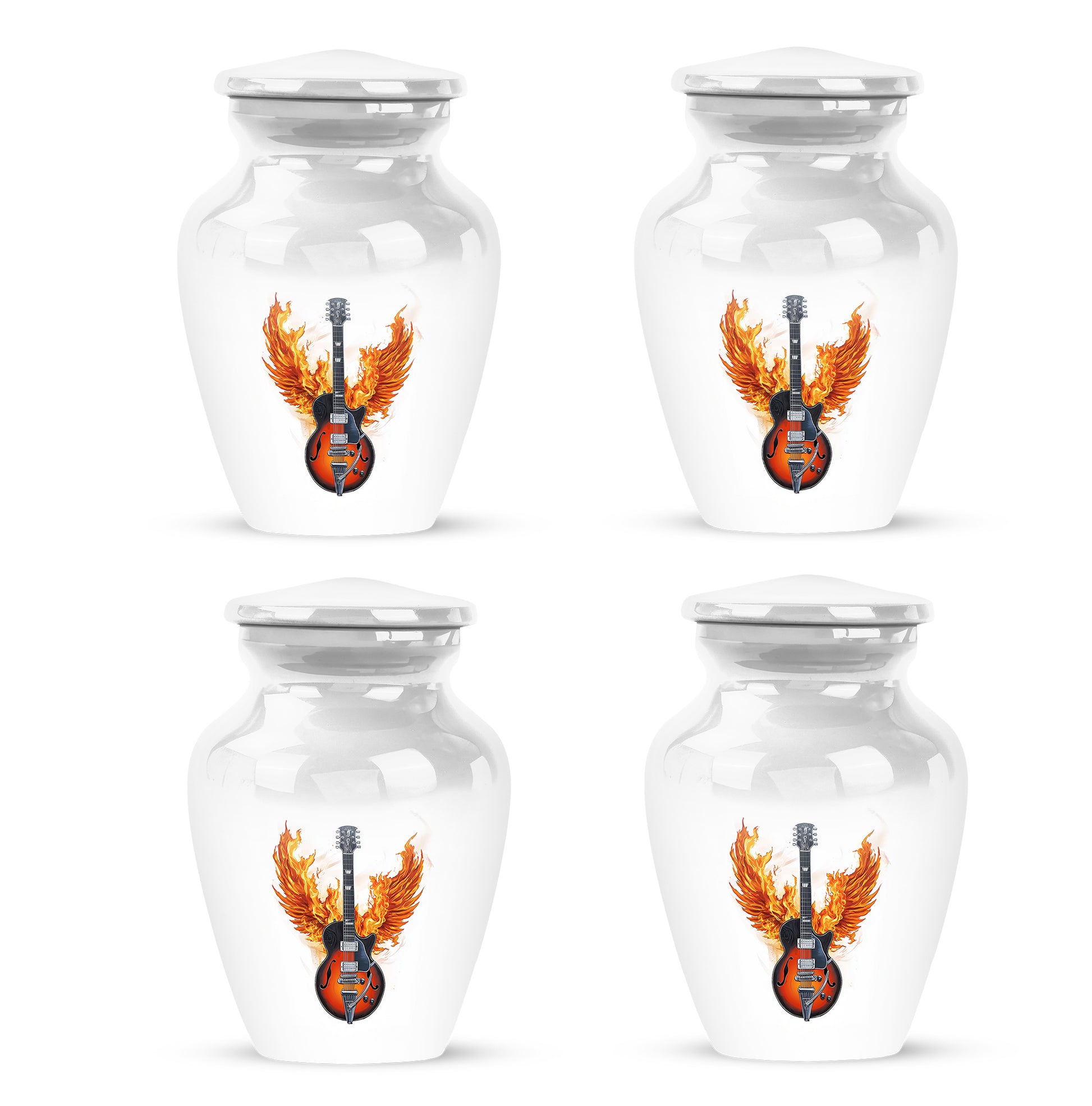 Sterling Silver Guitar Cremation Urn side profile showing urn shape - timeless guitar motif etched into premium metal - 10 inch aluminum urn for cremated remains