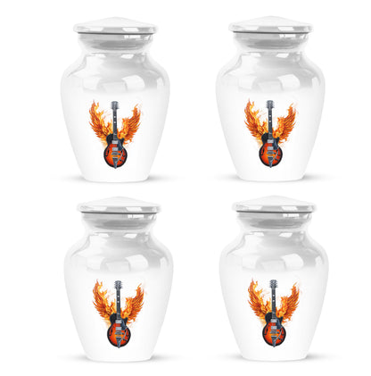 Sterling Silver Guitar Cremation Urn side profile showing urn shape - timeless guitar motif etched into premium metal - 10 inch aluminum urn for cremated remains