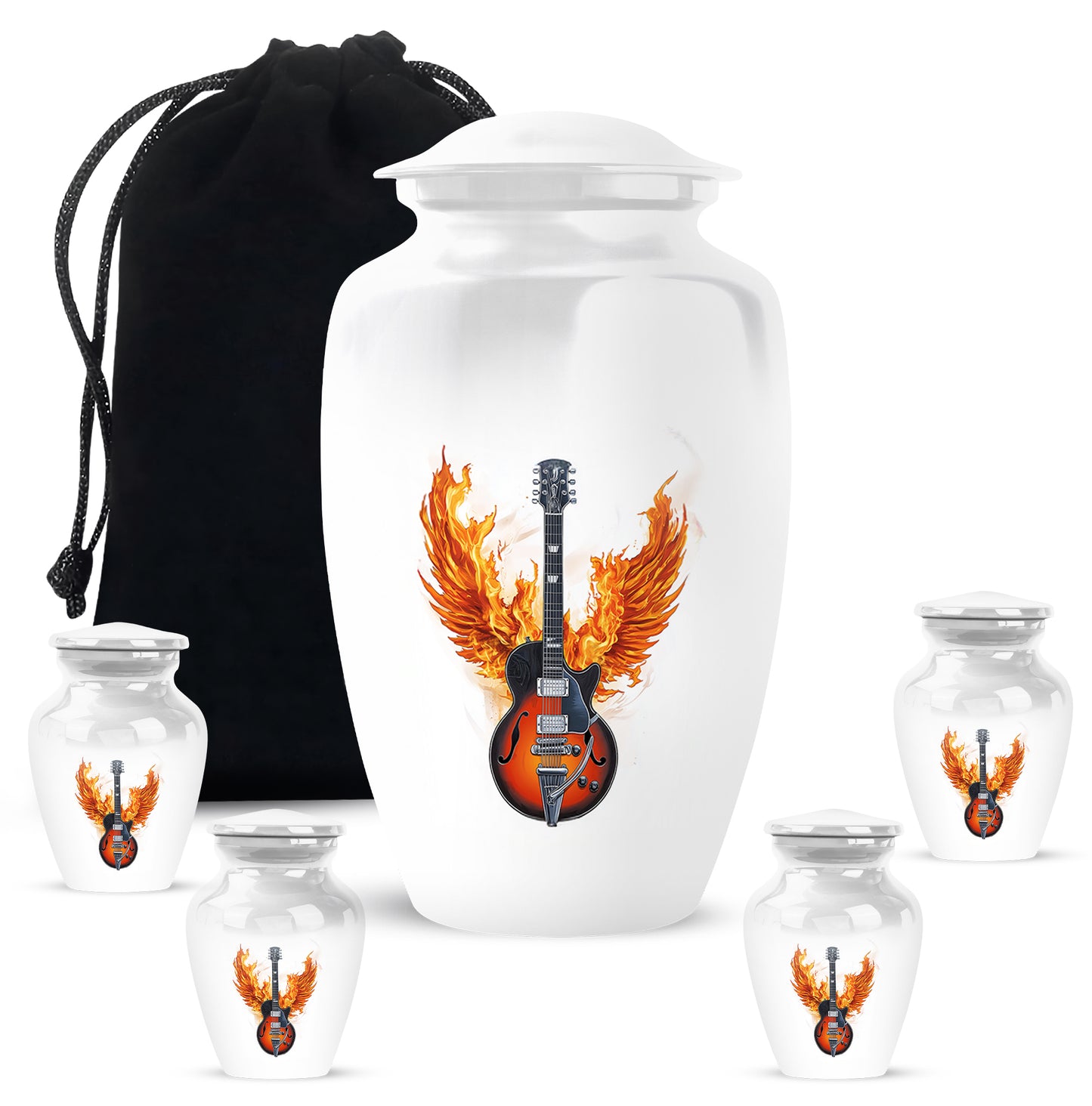 Sterling Silver Guitar Cremation Urn top-down view of secure threaded lid - timeless guitar motif etched into premium metal - memorial set with one large and four small urns