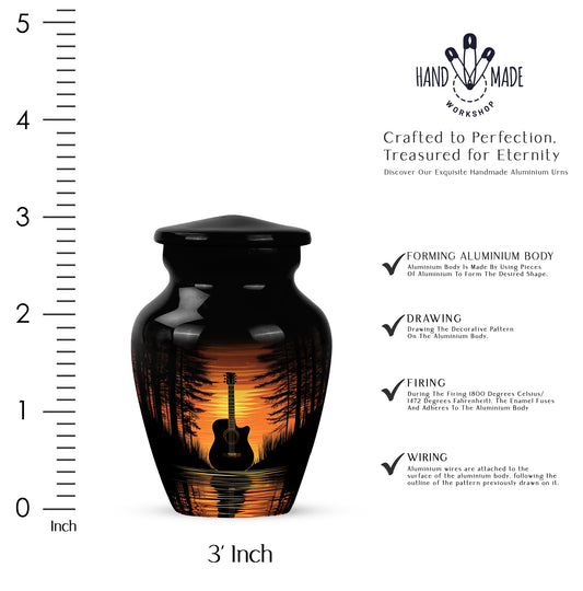Jet Black Guitar Cremation Urn close-up of engraving and surface detail - timeless guitar motif etched into premium metal - mini keepsake memorial for portion of cremation ashes