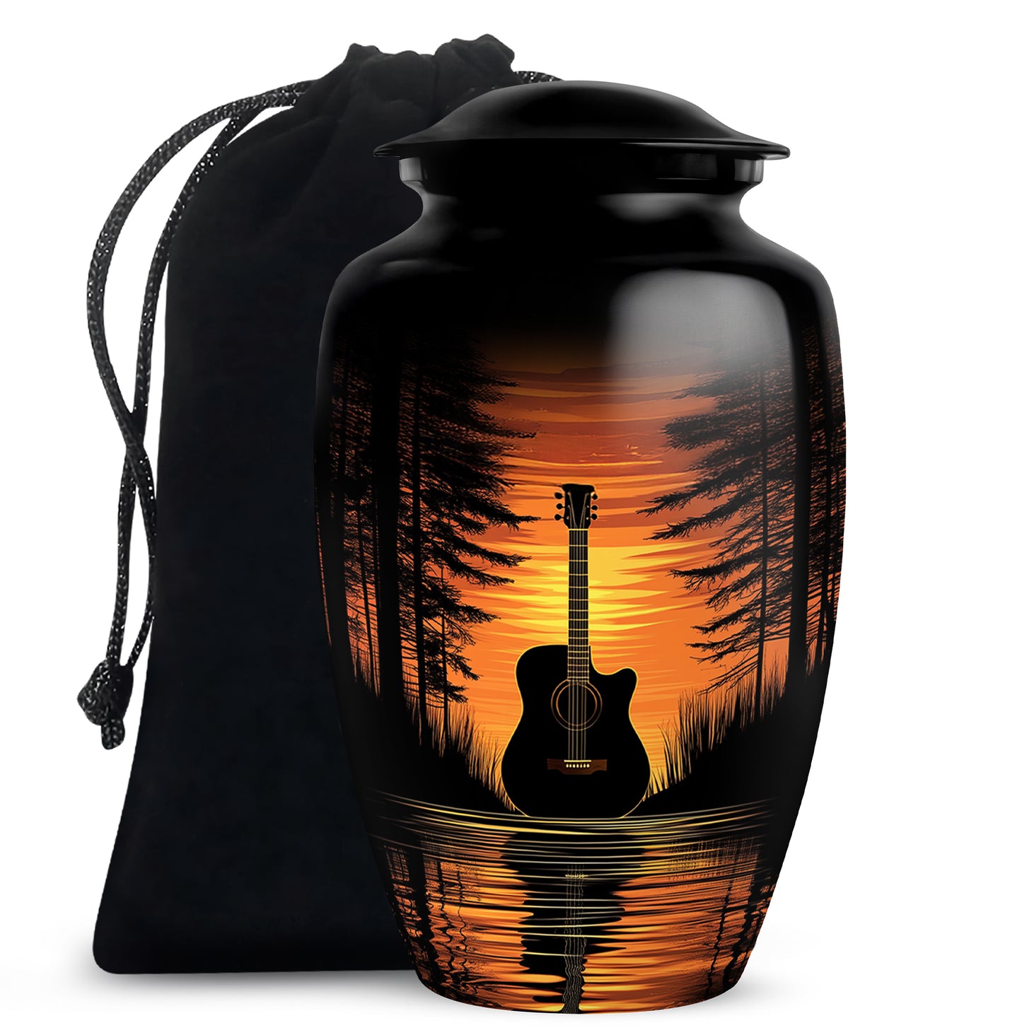 Deep Black Guitar Cremation Urn angled view of lid and engraved motif - classic sculpted guitar pattern on smooth aluminum - full-size 10 inch 200 cubic inch adult cremation urn