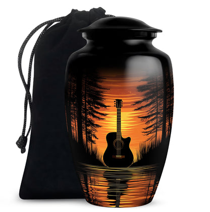 Deep Black Guitar Cremation Urn angled view of lid and engraved motif - classic sculpted guitar pattern on smooth aluminum - full-size 10 inch 200 cubic inch adult cremation urn