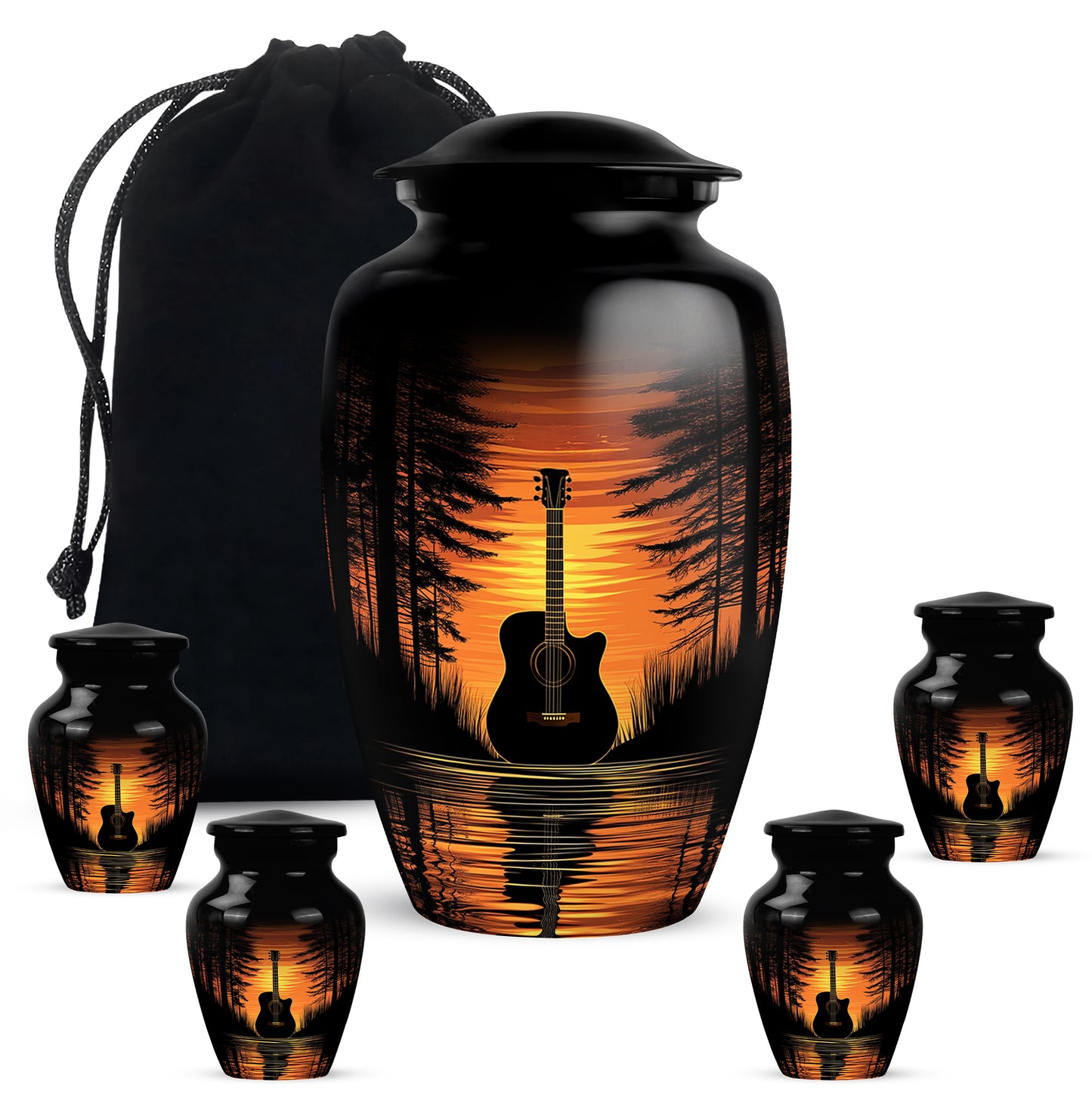 Ebony Guitar Cremation Urn top-down view of secure threaded lid - timeless guitar motif etched into premium metal - memorial set with one large and four small urns