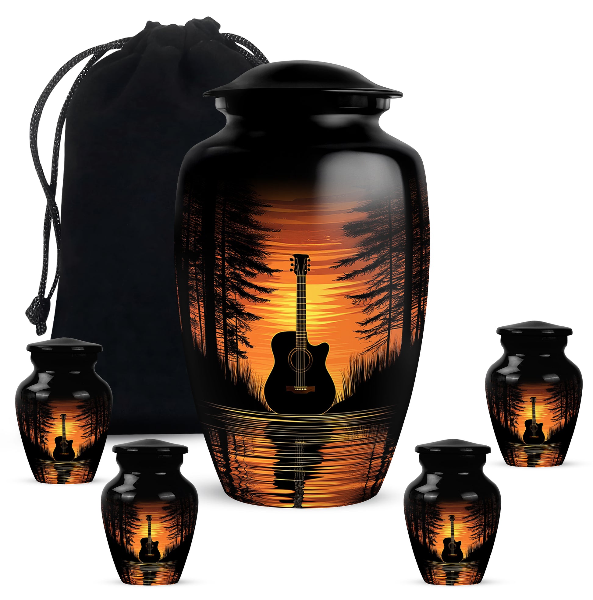 Ebony Guitar Cremation Urn top-down view of secure threaded lid - timeless guitar motif etched into premium metal - memorial set with one large and four small urns