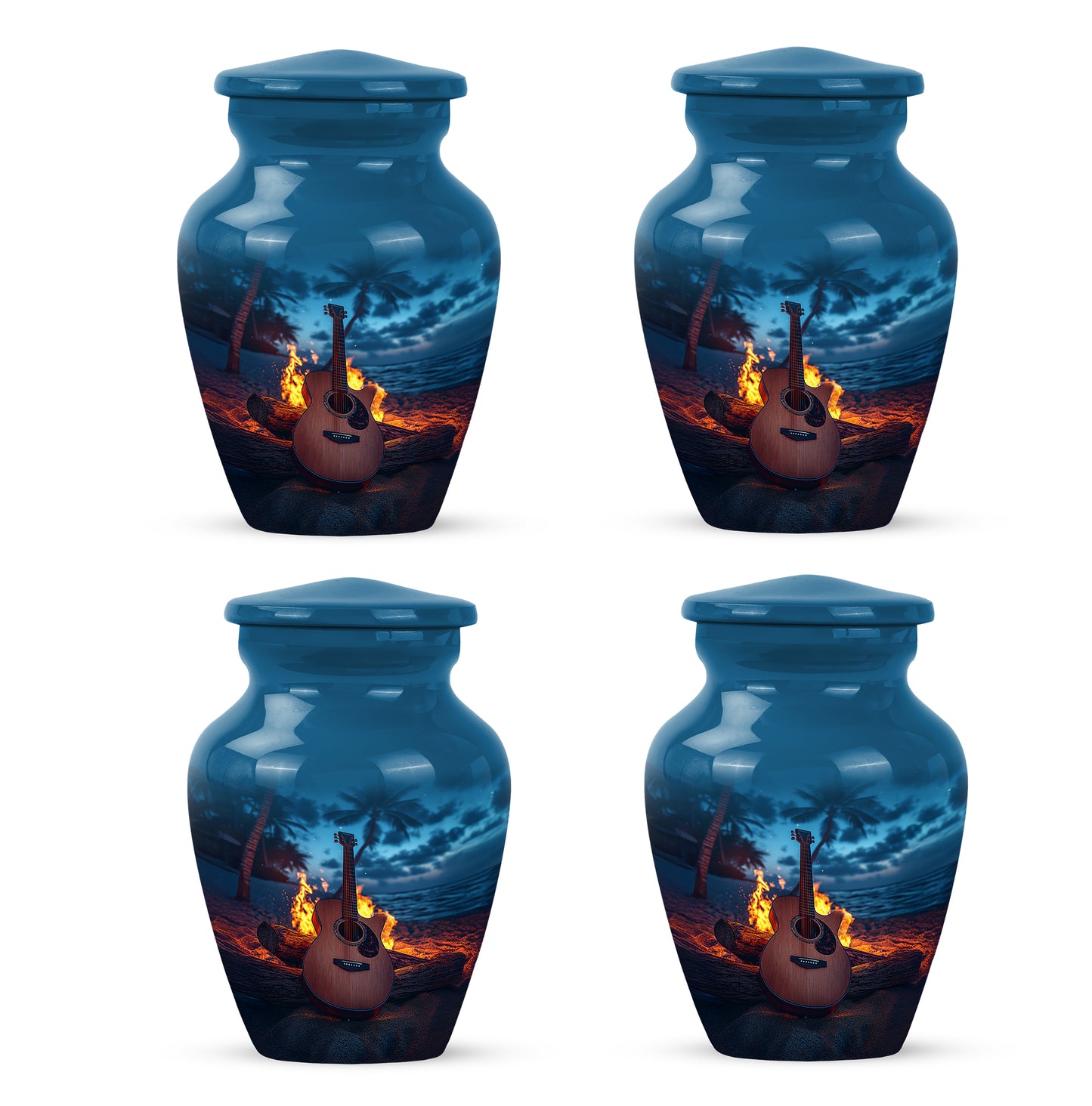 Azure Guitar Cremation Urn side profile showing urn shape - timeless guitar motif etched into premium metal - 10 inch aluminum urn for cremated remains