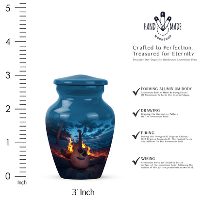 Slate Blue Guitar Cremation Urn close-up of engraving and surface detail - classic sculpted guitar pattern on smooth aluminum - mini keepsake memorial for portion of cremation ashes