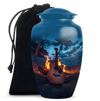Cobalt Blue Guitar Cremation Urn angled view of lid and engraved motif - traditional guitar engraving with hand-polished finish - full-size 10 inch 200 cubic inch adult cremation urn