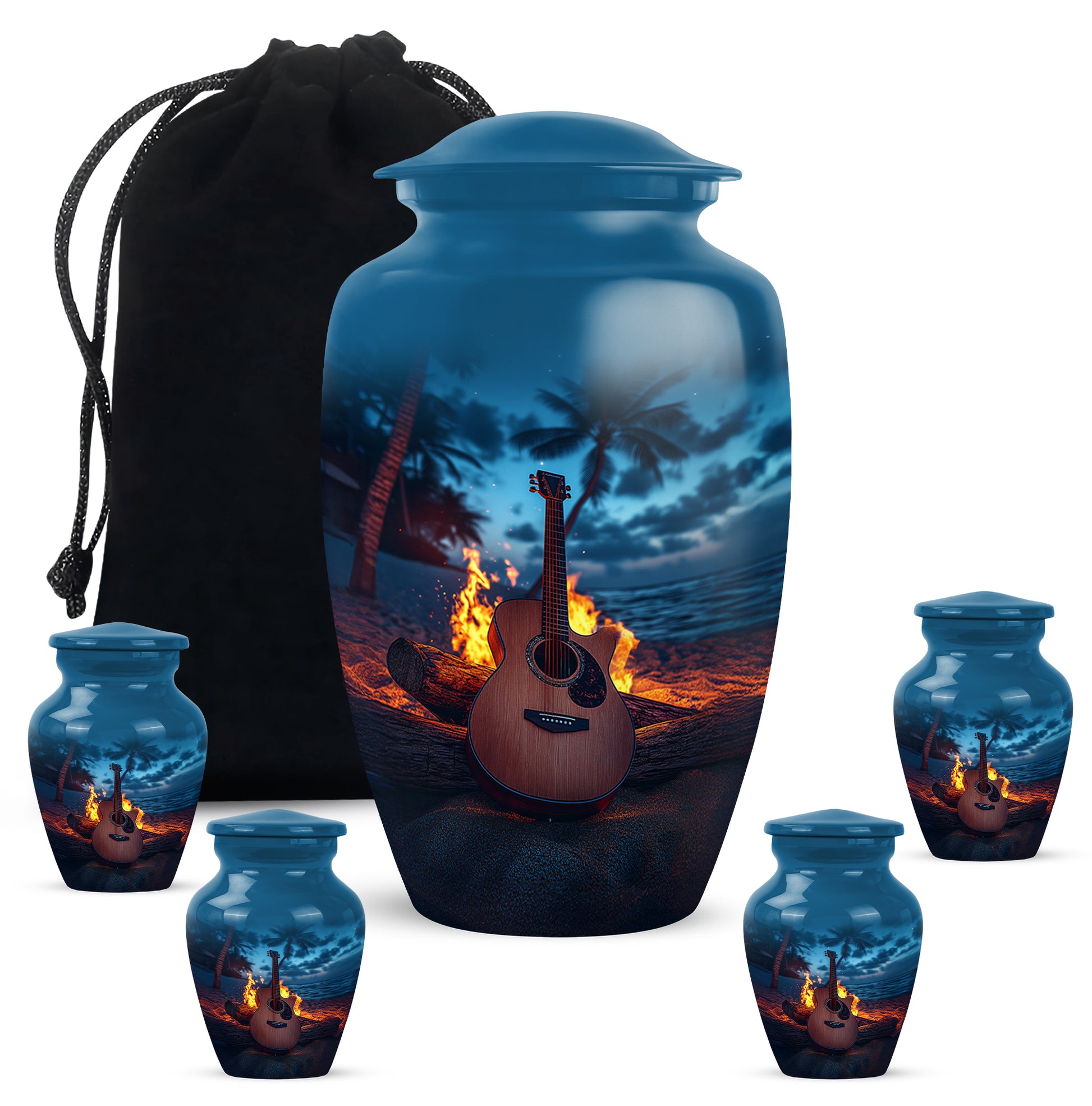 Royal Blue Guitar Cremation Urn top-down view of secure threaded lid - traditional guitar engraving with hand-polished finish - memorial set with one large and four small urns