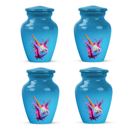 Celestial Blue Guitar Cremation Urn side profile showing urn shape - classic sculpted guitar pattern on smooth aluminum - 10 inch aluminum urn for cremated remains
