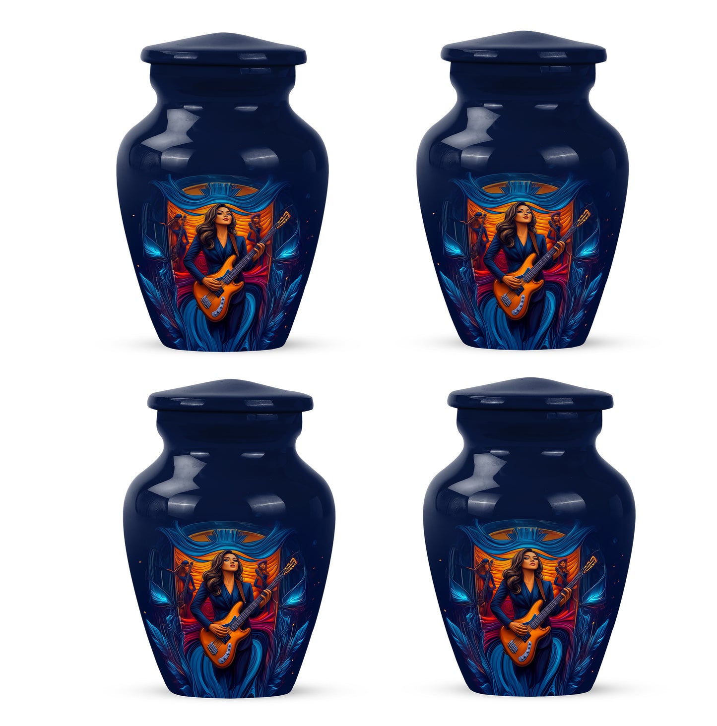 Bright Blue Guitar Cremation Urn side profile showing urn shape - elegant classic guitar relief with fine detailing - 10 inch aluminum urn for cremated remains