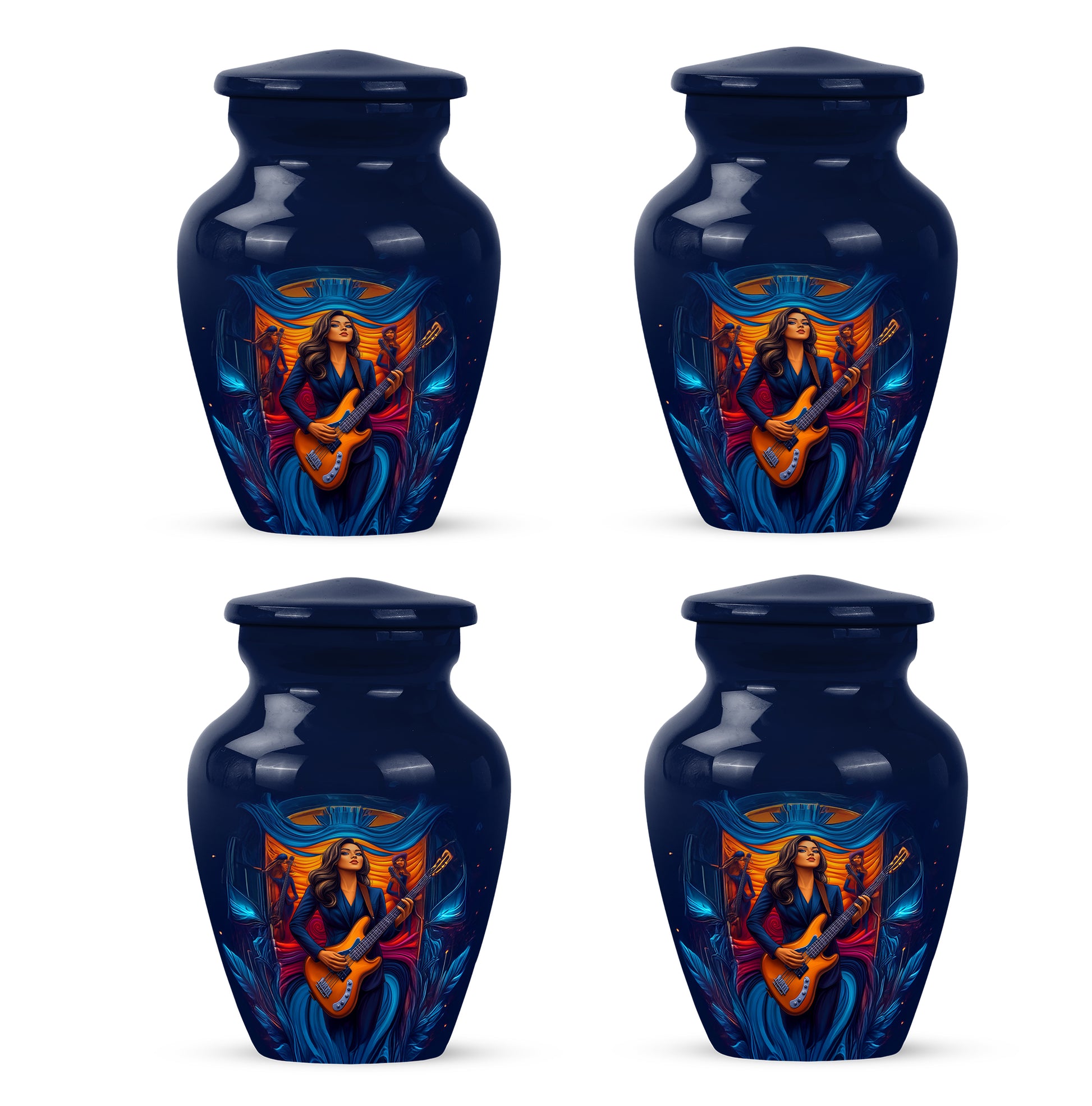 Bright Blue Guitar Cremation Urn side profile showing urn shape - elegant classic guitar relief with fine detailing - 10 inch aluminum urn for cremated remains