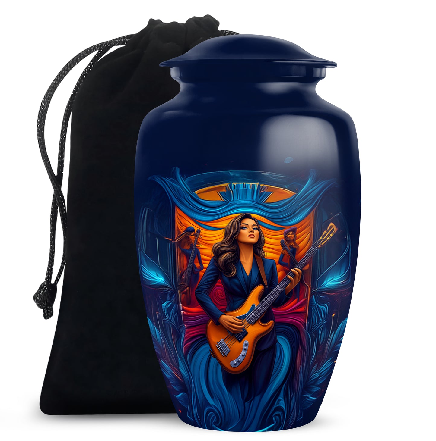 Serene Blue Guitar Cremation Urn angled view of lid and engraved motif - traditional guitar engraving with hand-polished finish - full-size 10 inch 200 cubic inch adult cremation urn
