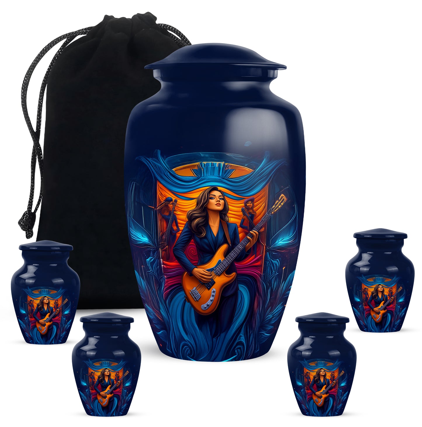Misty Blue Guitar Cremation Urn top-down view of secure threaded lid - classic sculpted guitar pattern on smooth aluminum - memorial set with one large and four small urns