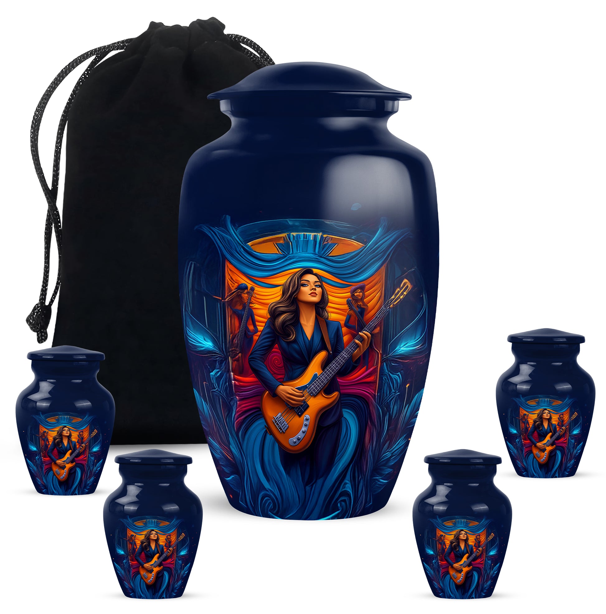 Misty Blue Guitar Cremation Urn top-down view of secure threaded lid - classic sculpted guitar pattern on smooth aluminum - memorial set with one large and four small urns
