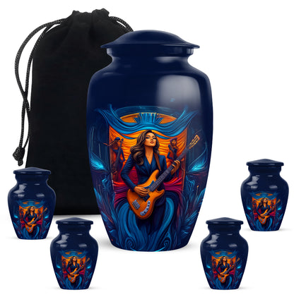Misty Blue Guitar Cremation Urn top-down view of secure threaded lid - classic sculpted guitar pattern on smooth aluminum - memorial set with one large and four small urns