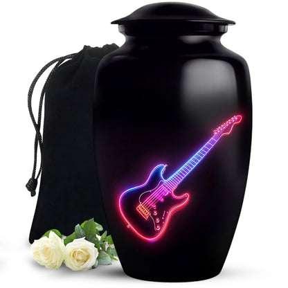 Onyx Black Guitar Cremation Urn angled view of lid and engraved motif - traditional guitar engraving with hand-polished finish - full-size 10 inch 200 cubic inch adult cremation urn