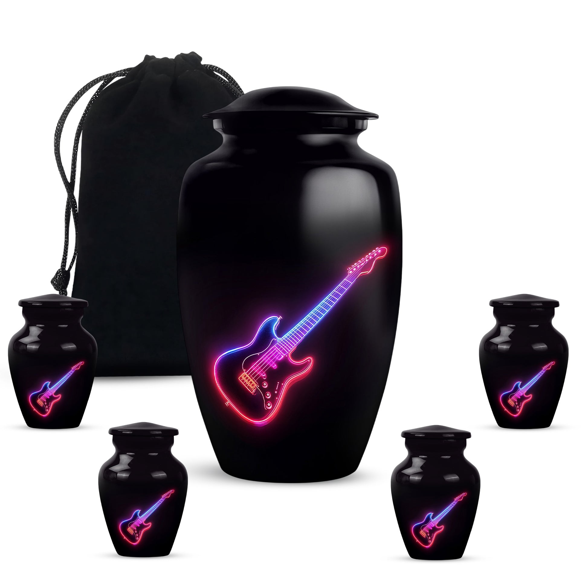 Onyx Black Guitar Cremation Urn top-down view of secure threaded lid - elegant classic guitar relief with fine detailing - memorial set with one large and four small urns