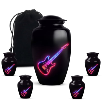 Onyx Black Guitar Cremation Urn top-down view of secure threaded lid - elegant classic guitar relief with fine detailing - memorial set with one large and four small urns