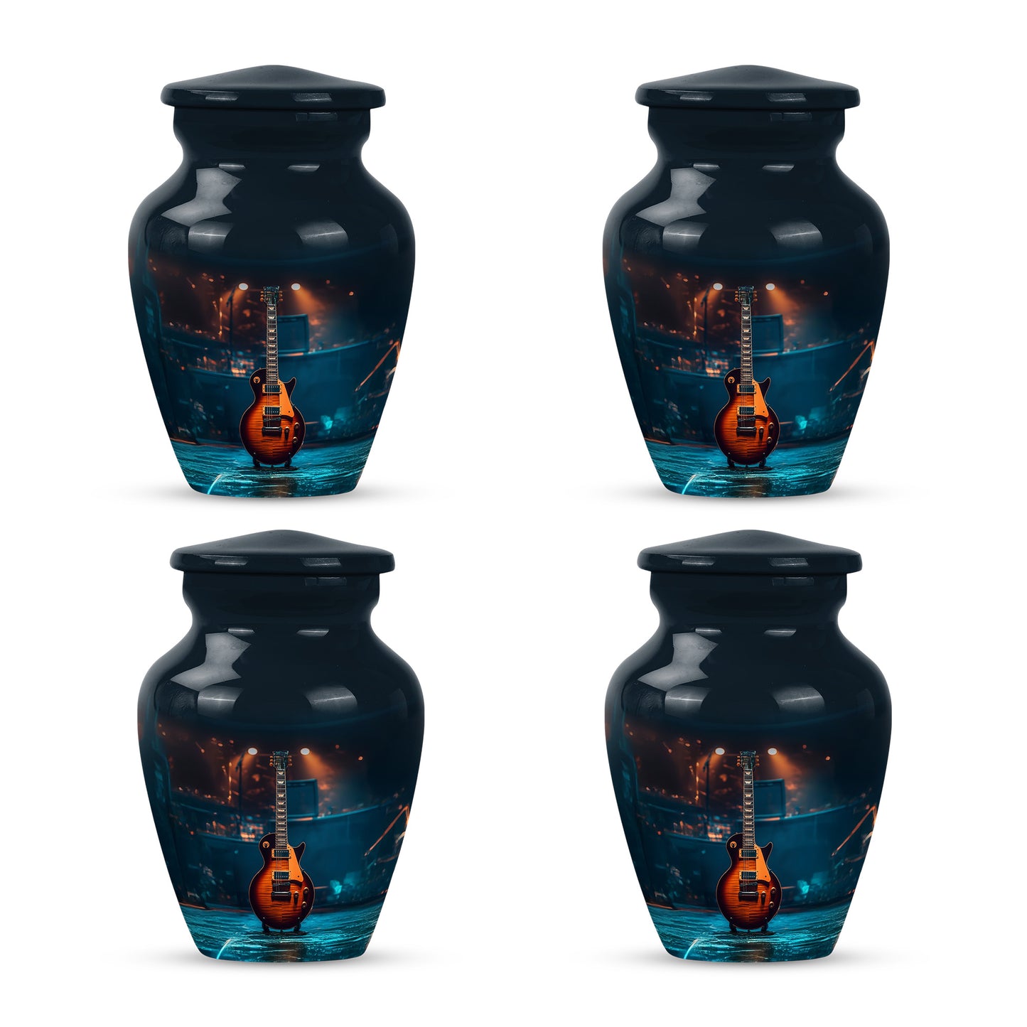 Ebony Guitar Cremation Urn side profile showing urn shape - timeless guitar motif etched into premium metal - 10 inch aluminum urn for cremated remains