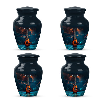 Ebony Guitar Cremation Urn side profile showing urn shape - timeless guitar motif etched into premium metal - 10 inch aluminum urn for cremated remains