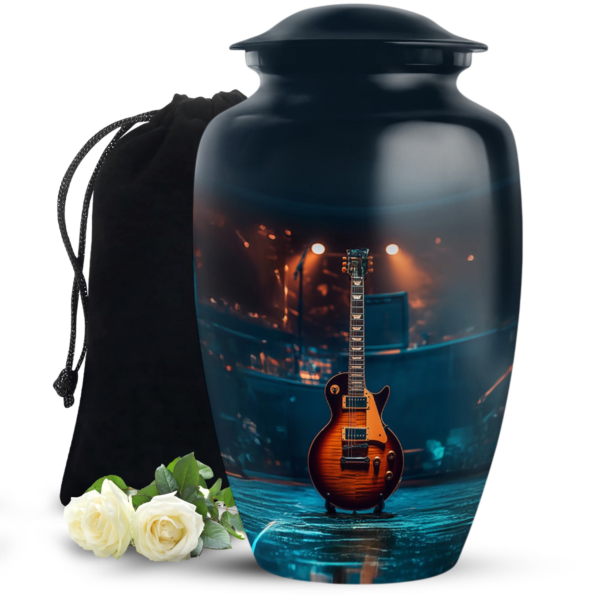 Dark Black Guitar Cremation Urn angled view of lid and engraved motif - elegant classic guitar relief with fine detailing - full-size 10 inch 200 cubic inch adult cremation urn