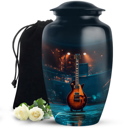 Dark Black Guitar Cremation Urn angled view of lid and engraved motif - elegant classic guitar relief with fine detailing - full-size 10 inch 200 cubic inch adult cremation urn