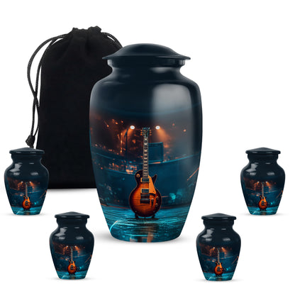 Obsidian Black Guitar Cremation Urn top-down view of secure threaded lid - elegant classic guitar relief with fine detailing - memorial set with one large and four small urns