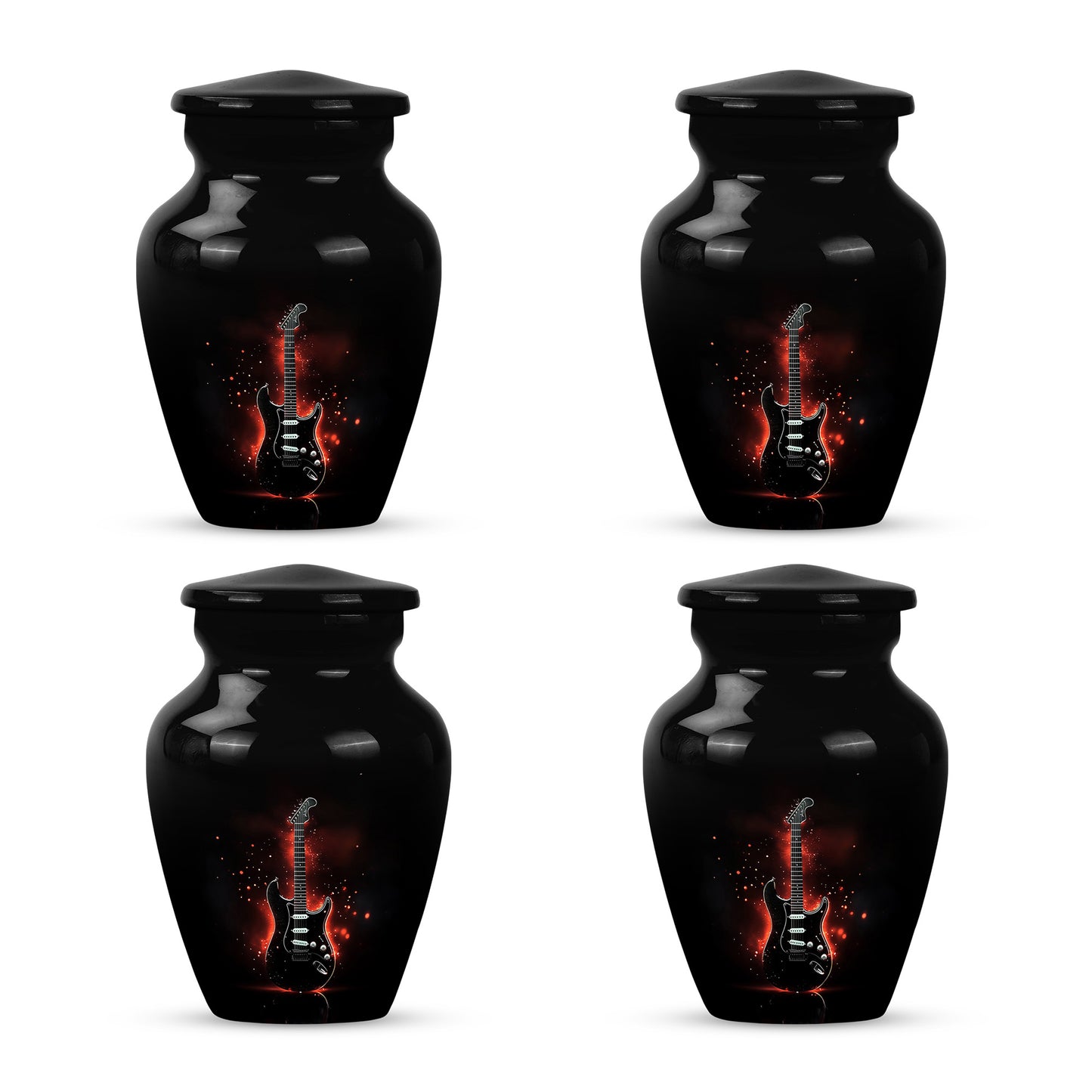 Deep Black Guitar Cremation Urn side profile showing urn shape - timeless guitar motif etched into premium metal - 10 inch aluminum urn for cremated remains