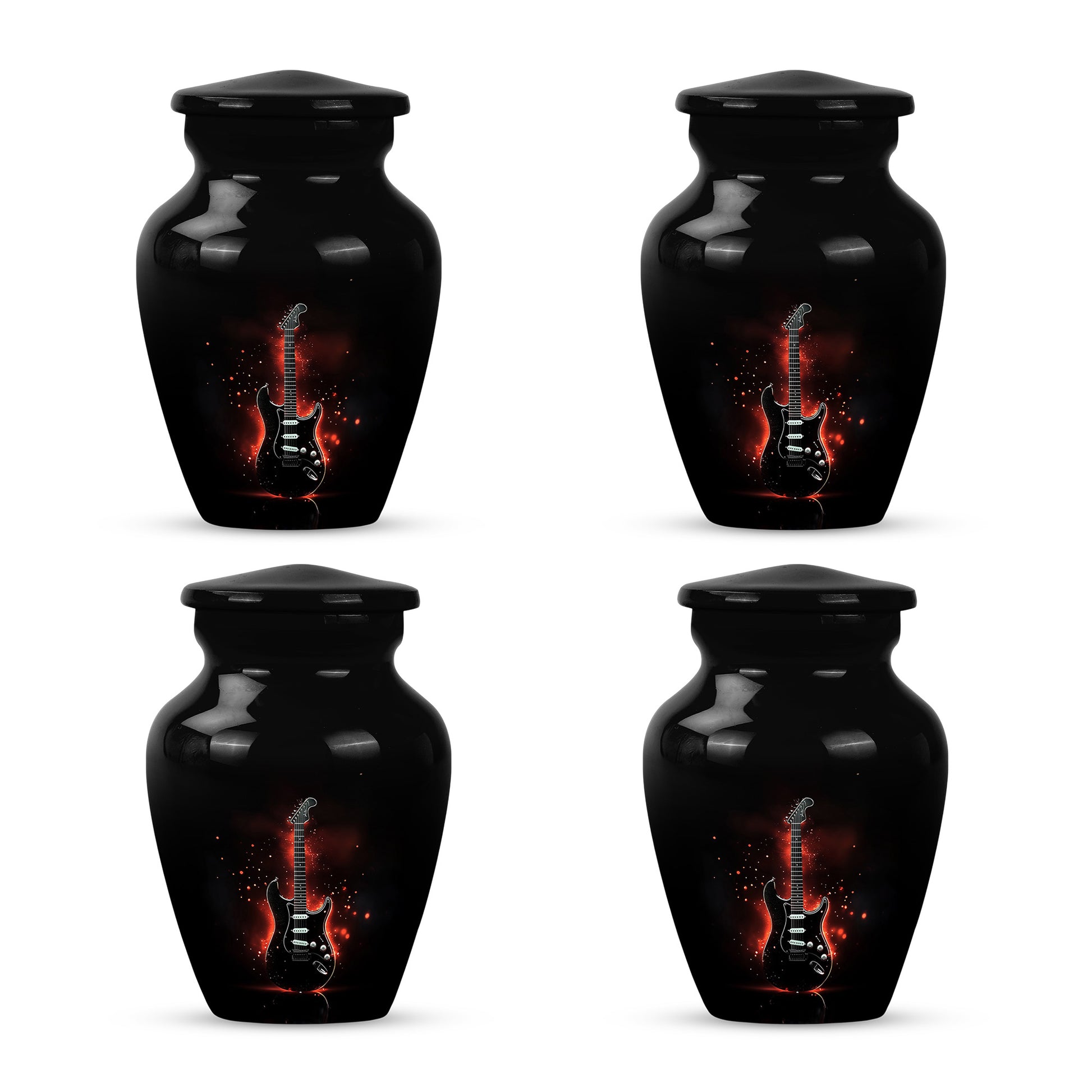 Deep Black Guitar Cremation Urn side profile showing urn shape - timeless guitar motif etched into premium metal - 10 inch aluminum urn for cremated remains