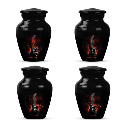 Deep Black Guitar Cremation Urn side profile showing urn shape - timeless guitar motif etched into premium metal - 10 inch aluminum urn for cremated remains