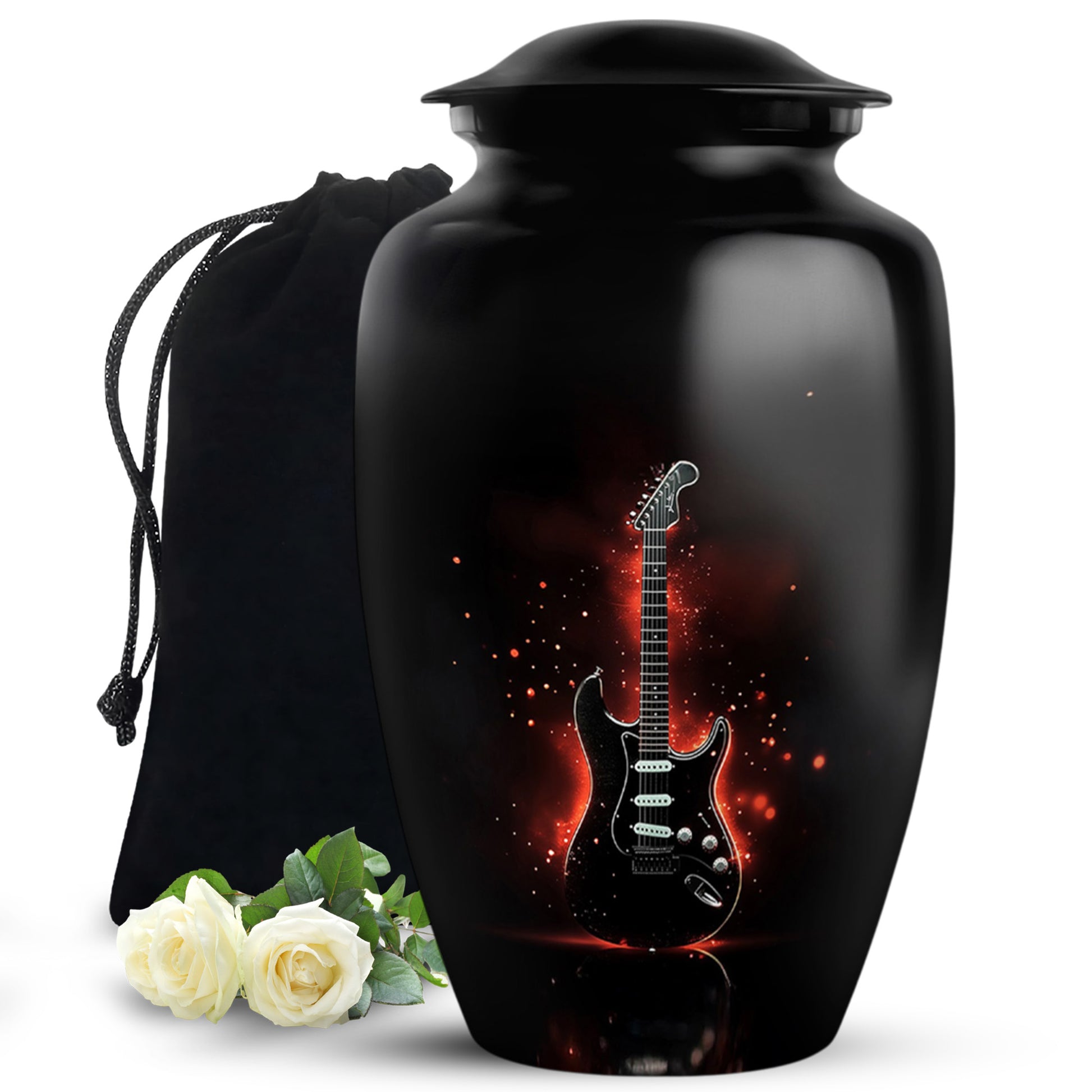 Deep Black Guitar Cremation Urn angled view of lid and engraved motif - timeless guitar motif etched into premium metal - full-size 10 inch 200 cubic inch adult cremation urn
