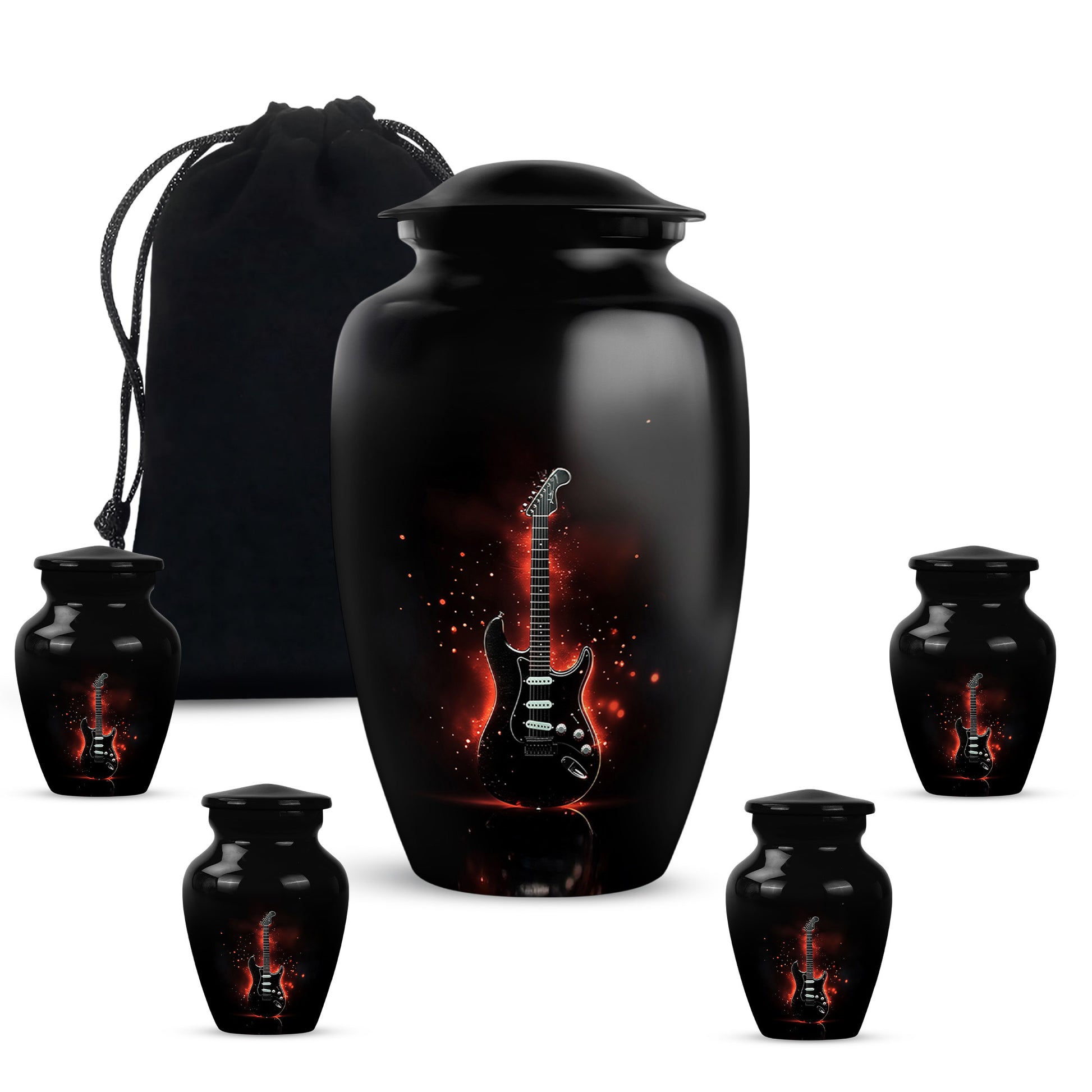 Rich Black Guitar Cremation Urn top-down view of secure threaded lid - timeless guitar motif etched into premium metal - memorial set with one large and four small urns