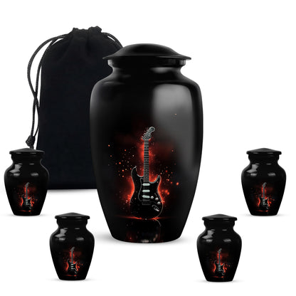 Rich Black Guitar Cremation Urn top-down view of secure threaded lid - timeless guitar motif etched into premium metal - memorial set with one large and four small urns
