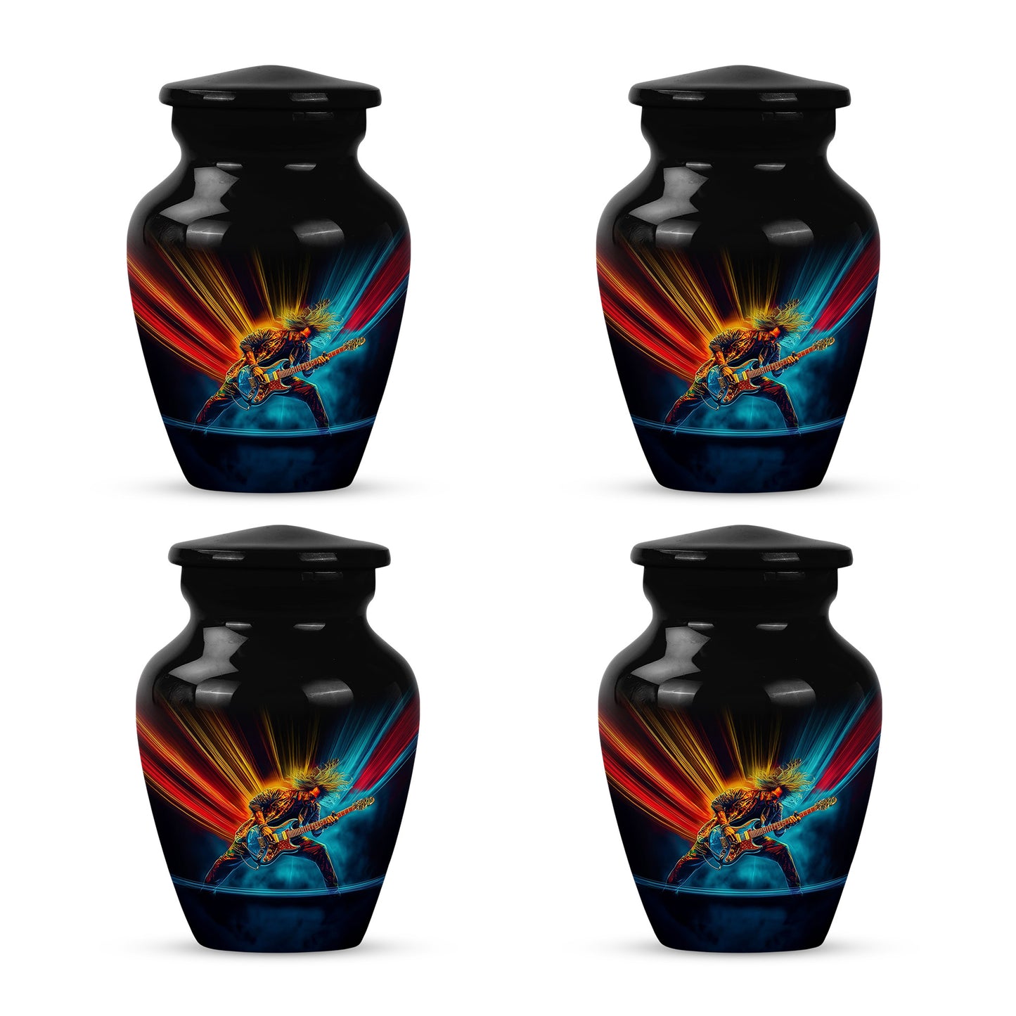 Jet Black Guitar Cremation Urn side profile showing urn shape - timeless guitar motif etched into premium metal - 10 inch aluminum urn for cremated remains