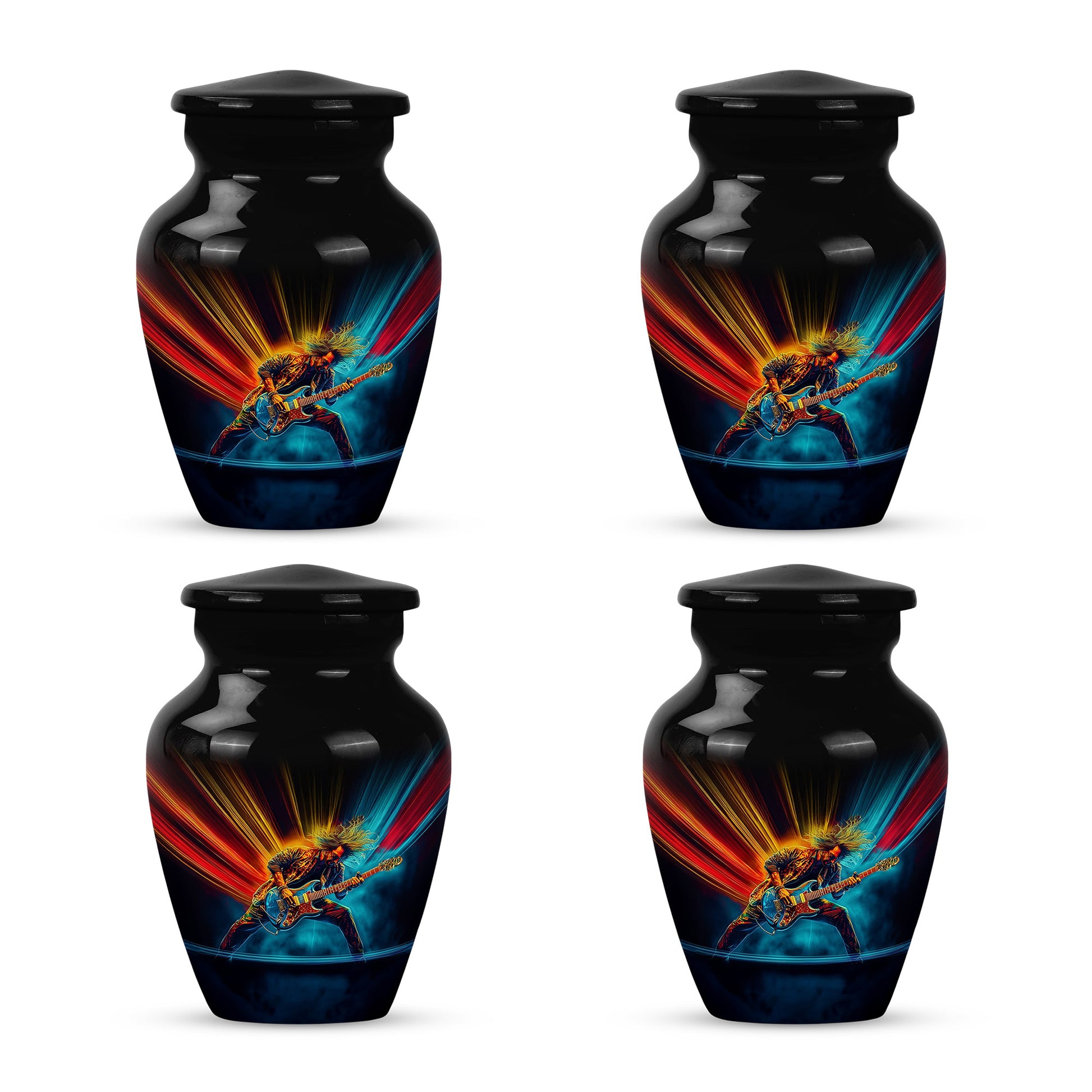 Jet Black Guitar Cremation Urn side profile showing urn shape - timeless guitar motif etched into premium metal - 10 inch aluminum urn for cremated remains
