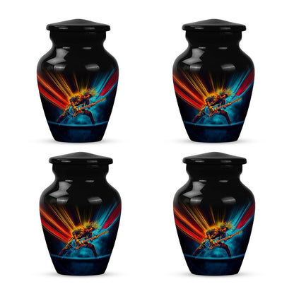 Jet Black Guitar Cremation Urn side profile showing urn shape - timeless guitar motif etched into premium metal - 10 inch aluminum urn for cremated remains