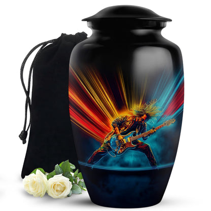 Jet Black Guitar Cremation Urn angled view of lid and engraved motif - classic sculpted guitar pattern on smooth aluminum - full-size 10 inch 200 cubic inch adult cremation urn