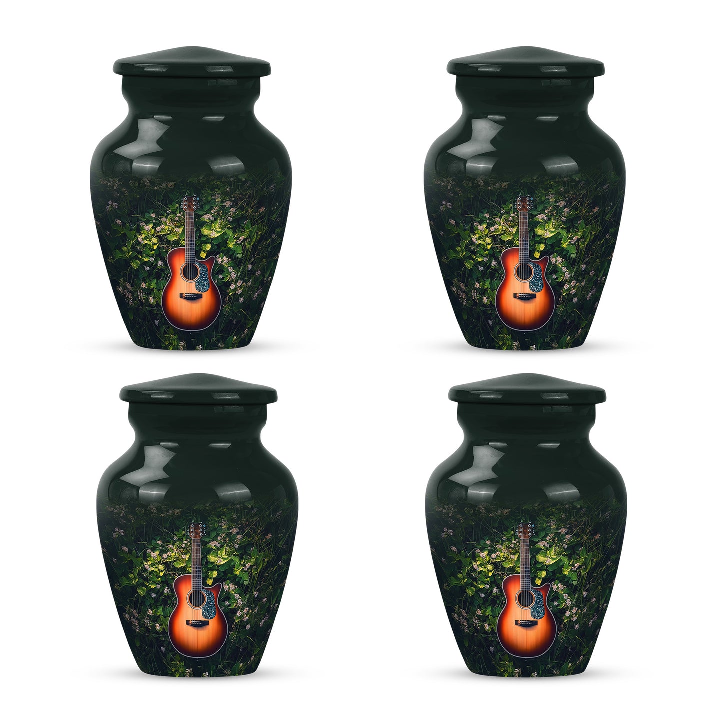 Sage Green Guitar Cremation Urn side profile showing urn shape - classic sculpted guitar pattern on smooth aluminum - 10 inch aluminum urn for cremated remains