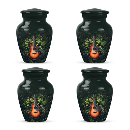 Sage Green Guitar Cremation Urn side profile showing urn shape - classic sculpted guitar pattern on smooth aluminum - 10 inch aluminum urn for cremated remains