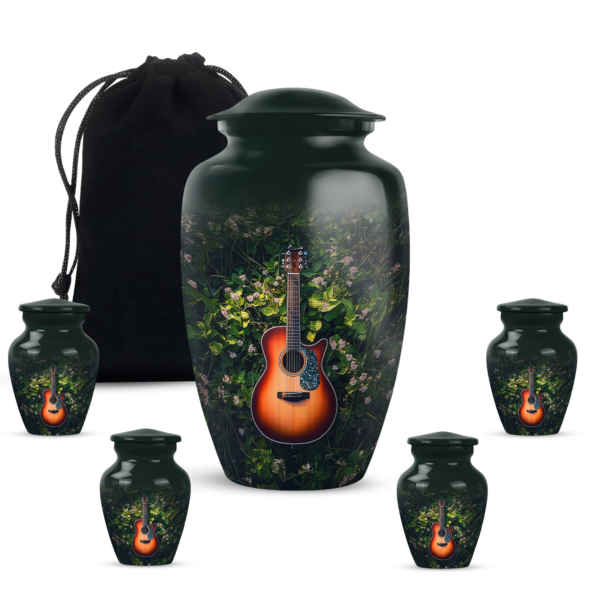 Jade Green Guitar Cremation Urn top-down view of secure threaded lid - classic sculpted guitar pattern on smooth aluminum - memorial set with one large and four small urns