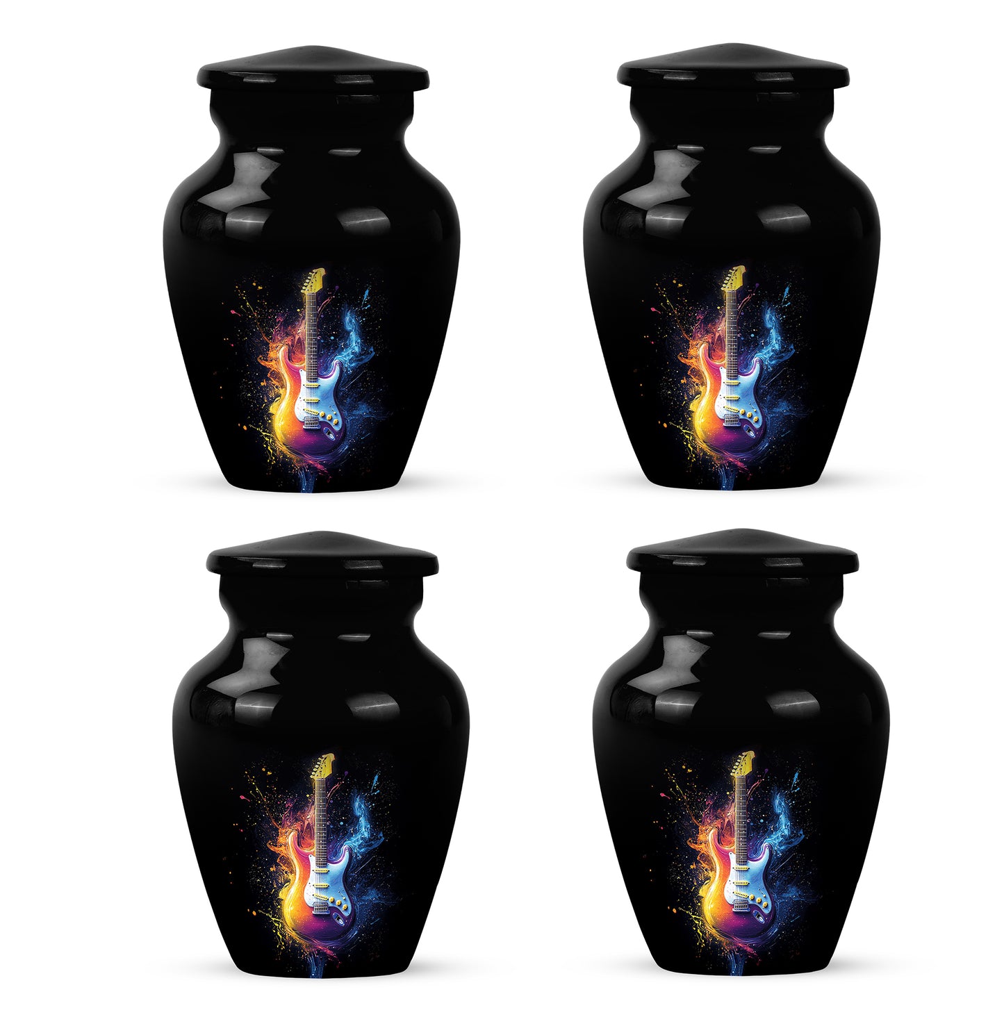 Charcoal Black Guitar Cremation Urn side profile showing urn shape - elegant classic guitar relief with fine detailing - 10 inch aluminum urn for cremated remains