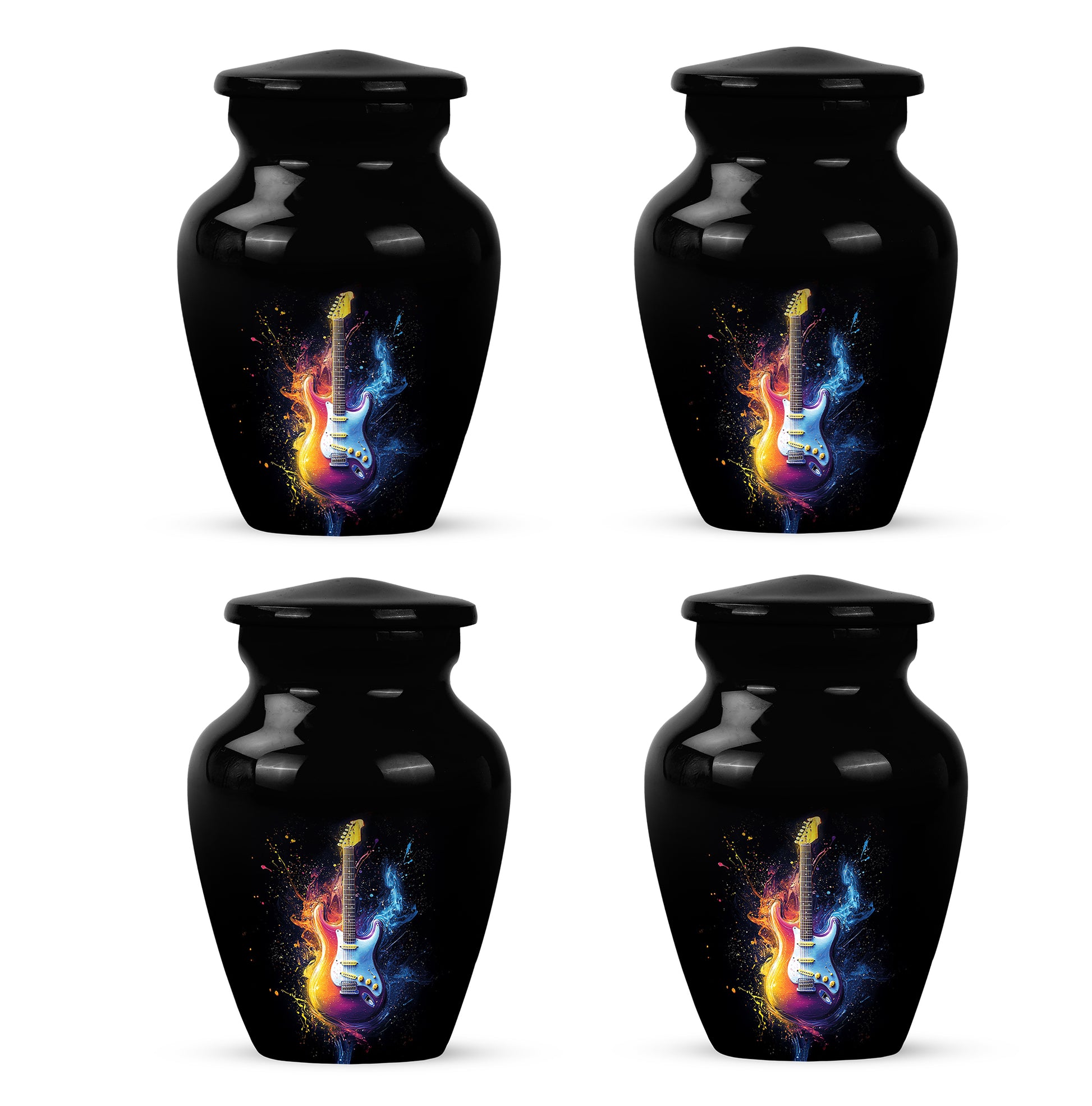 Charcoal Black Guitar Cremation Urn side profile showing urn shape - elegant classic guitar relief with fine detailing - 10 inch aluminum urn for cremated remains