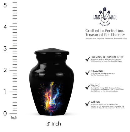 Rich Black Guitar Cremation Urn close-up of engraving and surface detail - timeless guitar motif etched into premium metal - mini keepsake memorial for portion of cremation ashes