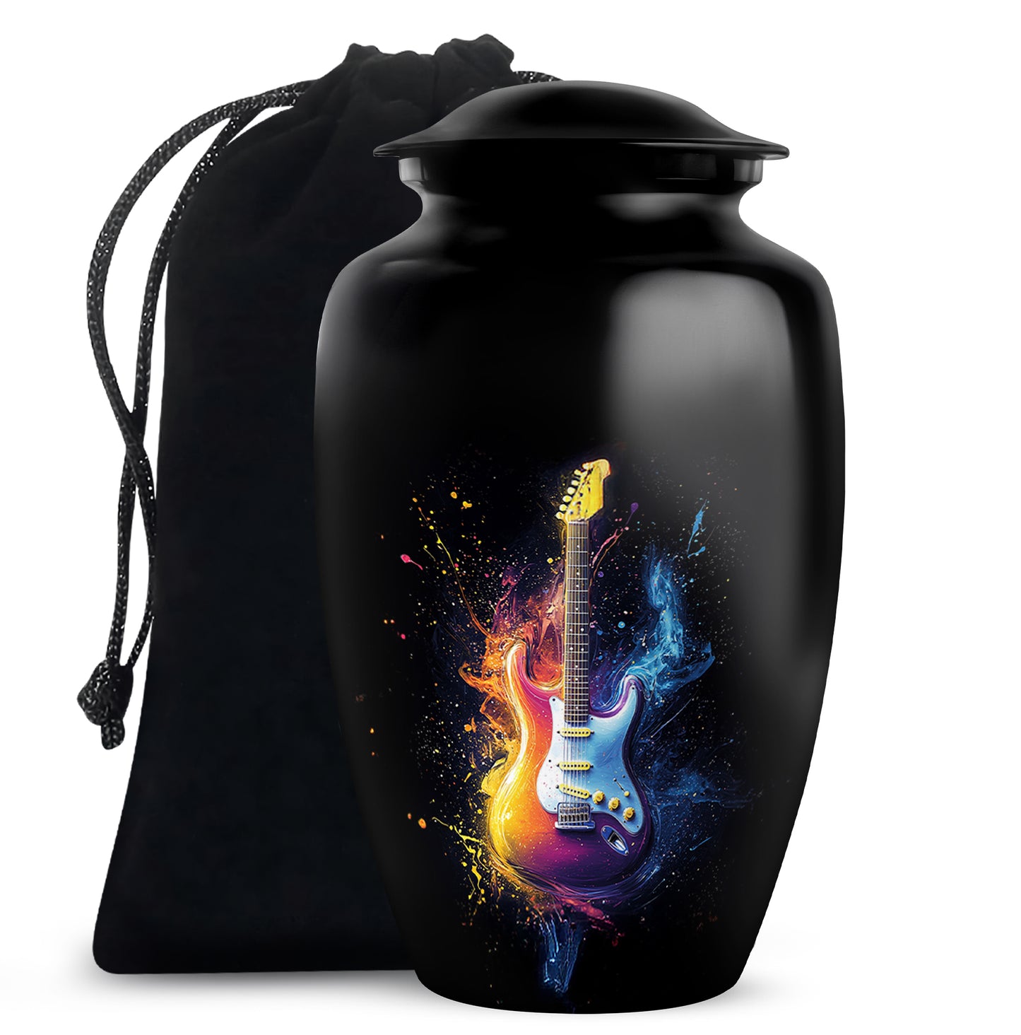 Deep Black Guitar Cremation Urn angled view of lid and engraved motif - timeless guitar motif etched into premium metal - full-size 10 inch 200 cubic inch adult cremation urn